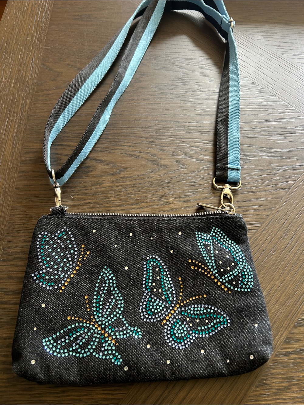 Brighton Black Denim Crossbody with Teal Butterfly Accents NWOT - Picture 9 of 10